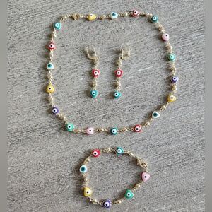 Multicolor Evil Eye Heart Necklace, Bracelet & Earrings Set - Gold Plated Chain